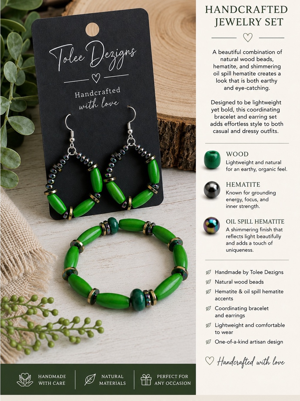 Handcrafted Green Bead Hoop Earrings & Bracelet Set